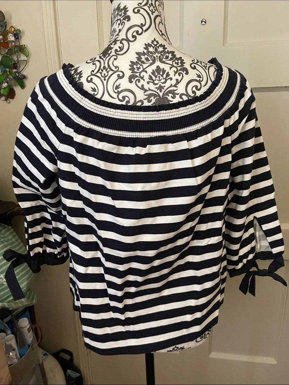 J. Crew Navy and White Striped Off-Shoulder Top